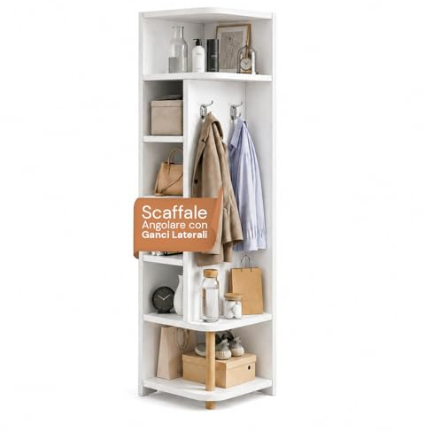 Avilia - Scaffale Angolare Bianco a 7 Livelli – Libreria Verticale Salvaspazio h 180 cm – Mobile ad Angolo con 2 Ganci Laterali Appendiabiti – Struttura Robusta per Soggiorno, Bagno e Ingresso – 30x30