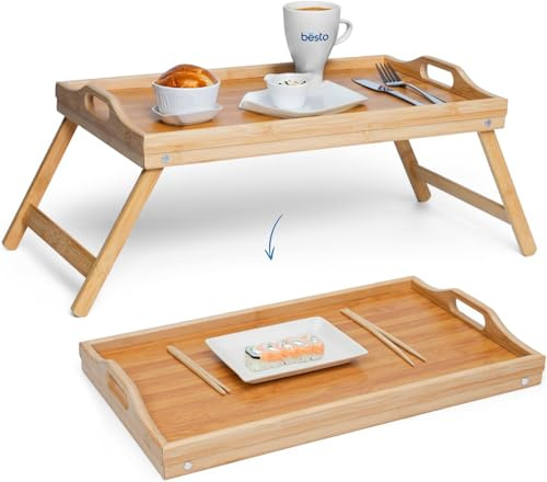 besto Bamboo Bed Tray with Folding Legs | Wooden Lap Table Breakfast Tray for Eating in Bed (Can Also Be Used As Laptop Desk, Drawing Table & More) | TV Dinner Tray