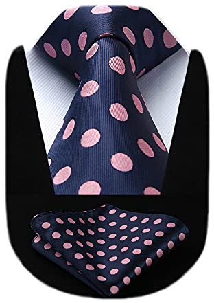 HISDERN Extra Long Polka Dots Tie Handkerchief Men's Necktie & Pocket Square Set , XL, 63 inches length, Pink / Navy Blue