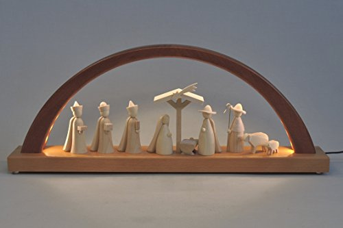 Arco Natalizio dei Monti Metalliferi Richard Glässer Seiffen Christi Geburt, Illuminazione a LED, Nuovo Design in Legno Naturale Chiaro, 01090