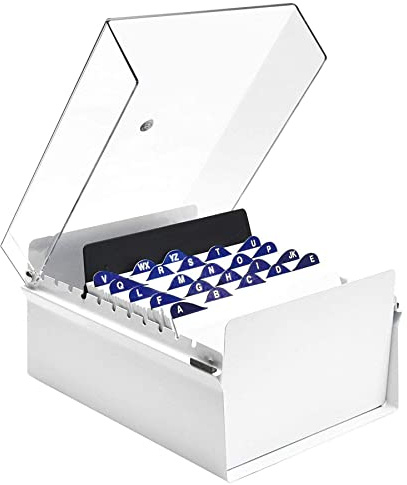 Acrimet 5 X 8 Card File Holder Organizer Box Metal Base Heavy Duty (AZ Index Cards and Divider Included) (White Color with Clear Crystal Plastic Lid Cover)