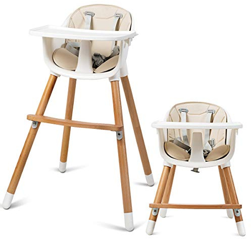COSTWAY Chaise Haute Bébé Evolutive 2 en 1 avec Plateau Amovible, Chaise de Repos en Bois avec Repose-Pieds Réglable, Forme A Stable pour Manger Jouer pour Bébé 6 Mois-3Ans, Beige