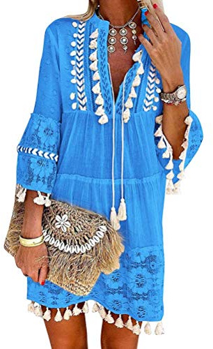 Minetom Damen Kleider Strand Elegant Casual A-Linie Kleid Langarm Sommerkleider Boho V-Ausschnitt Quaste Spitze Tunika Böhmen Mini Kleider A Blau 38