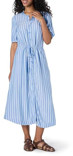Amazon Essentials Women's Relaxed Fit Half-Sleeve Waisted Midi Shirt Dress, Blue White French Stripes, L