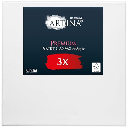 Artina Lot de 3 Premium Petite Toile Peinture 40x40 cm – Canvas Châssis Bois Stable 380 g/m² 100% Coton – Toile Blanche Vierge Peinte au préalable – Tableau a Peindre