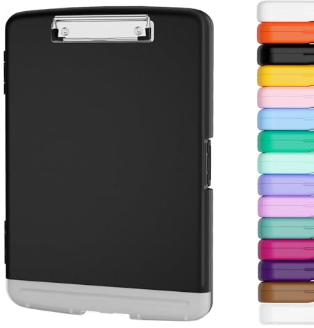 Piasoenc Clipboard with Storage, 8.5x11 Storage Clipboards with Pen Holder and A4 Legal Paper Folder, Heavy Duty Plastic, Folio & Side-Opening, Low Profile Clip, for Nurses, Teachers, Black