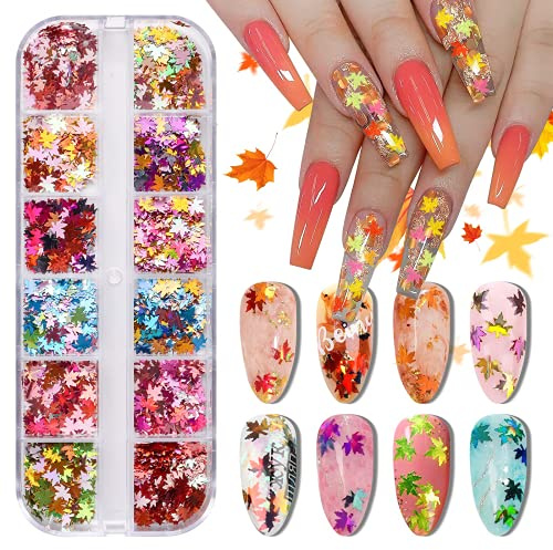 EBANKU 3D Fall Maple Leaf Holographic Nail Art Glitter Sequins, 12 Colors Laser Maple Leaf Nail Stickers Supplies Resin Mold DIY