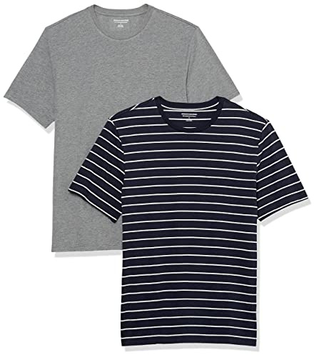 Amazon Essentials Camiseta de Manga Corta, Cuello Redondo y Corte Ajustado Hombre, Pack de 2, Azul Marino Rayas/Gris Mezcla, XS