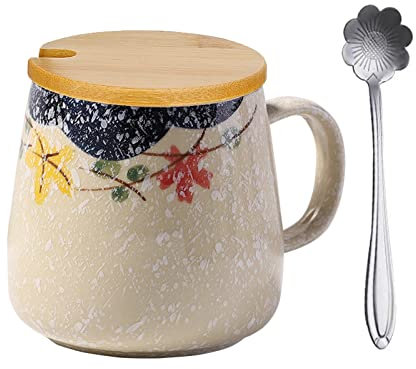 Taza de café japonesa de cerámica, 400 ml, con tapa y cuchara, taza para desayuno, té, leche, idea de regalo
