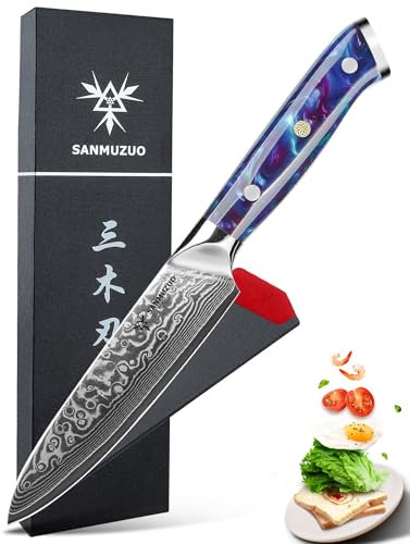 SANMUZUO Coltello Universale Damasco Professionale - Coltello da Cucina 13 cm, Coltelli Universali di Acciaio Damasco da 67 Strati- Impugnatura Ergonomica Resina - Xuan Series(Blu Zaffiro)