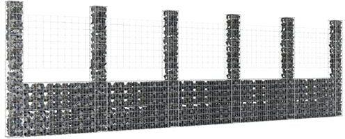 Festnight Gabbione in Rete Metallica, Gabbioni Metallici, per Sassi da Giardino e Esterno, Cesto Gabbione a U con 6 Pali in Ferro 620x20x200 cm