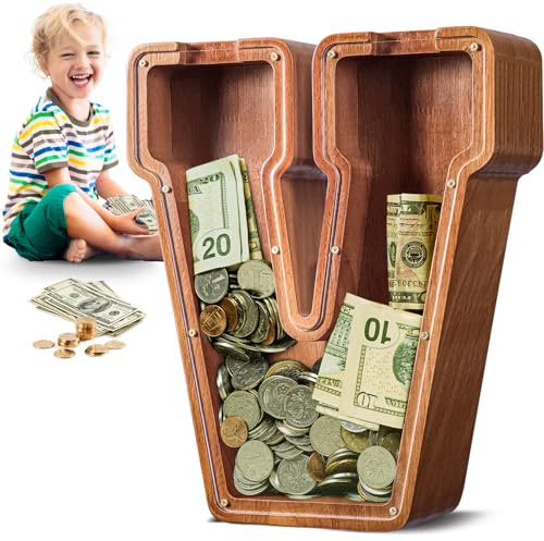 Summidate Wooden Letter Piggy Bank for Kids Adults, 12 V Clear Money Bank