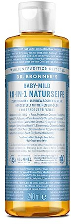Dr. Bronners 18-IN-1 Naturseife | Organic Flüssigseife | Baby Mild ohne Duft | Duschgel, Handseife, Shampoo und vieles mehr | Mit Bio Ölen | Fair Trade | 240 ml