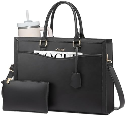 LOVEVOOK Laptop Tote Bag for Women, Leather Office Work Bag Briefcase fit for 15.6 inch Laptop, Large Teacher Computer Bag Handbag,2pcs Set Leather/Black