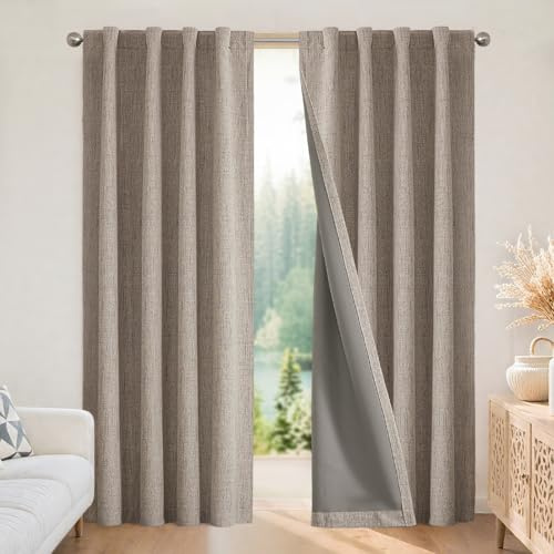 Joydeco 100% Rideau Occultant Lin 132x210 cm 2 Pièces, Double Rideaux Isolant Thermique Anti UV à Pattes Cachées et à Passe Tringle pour Décoration Chambre Salon et Protection d'Ameublement