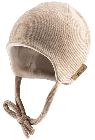 Sterntaler Beanie Mütze in Melange Optik mit dezentem Streifen - Neugeborenenmütze mit angeschnittenen Ohrenklappen und Bindeband - Unisex Babymütze, gefüttert mit Baummwollfleece- rost, 45