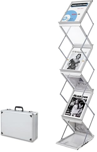 TUKA-i-AKUT A4 Expositor Plegable de Folletos, Aluminio/Acrílico Soporte de Suelo, Incl. Maletín de Transporte de Aluminio, para Literatura Revistas Catálogos, 6 Bolsillos Exhibición TKD8430-A4-Al