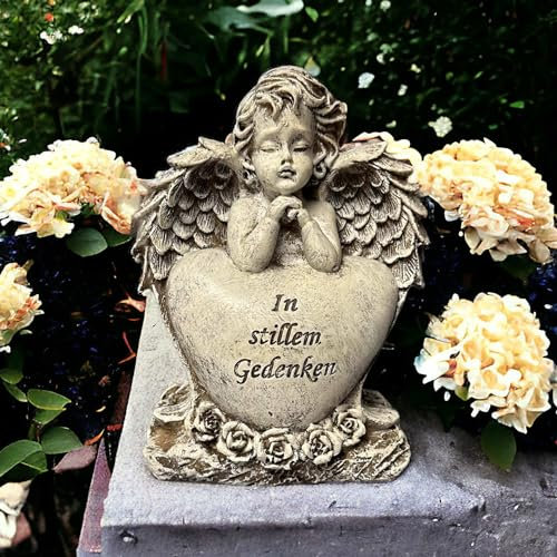 eberin · Grabdeko Trauerengel auf Herz – EIN Stiller Wächter des Gedenkens · Grabschmuck für den Friedhof · Grabengel mit Trauerspruch In stillem Gedenken · 16,5cm