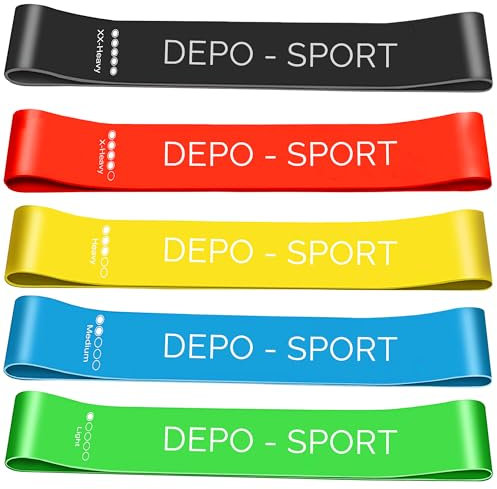 Depo-Sport Bandas Elásticas Fitness, Bandas de Resistencia, Set de 5 Cintas Elásticas Fitness y Musculación de Látex Agradable a la Piel con Guía de Ejercicios de Español.