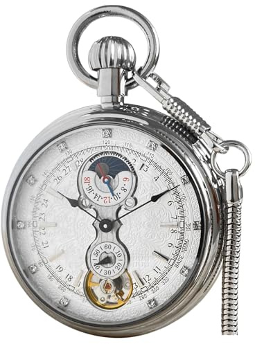 VIGOROSO Tourbillon Mechanical Hand-Wind Pocket Watch for Men, Sun Day Moon Phase Display, Exclusive Luxury Stainless Steel Watches for Dad