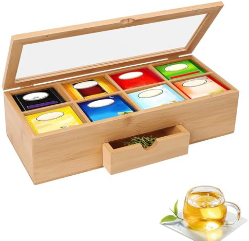 Mumisuto Bamboo Wooden Tea Box, 8 Compartments Tea Organiser with Drawer, Tea Bag Holder Chest with Transparent Lid, 15x6.5x4 Inch