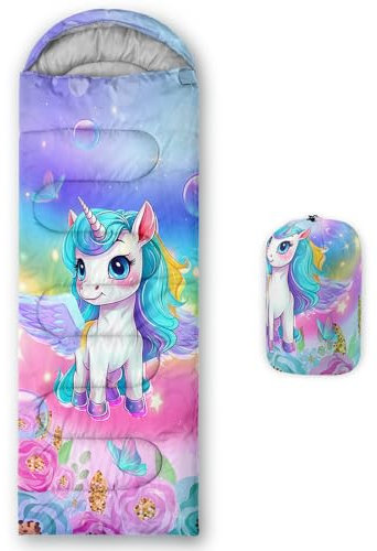 XYNHML Kawaii Unicorn Pattern Camping Sleeping Bag Warm & Cool Weather Waterproof Backpacking Colorful Flower Sleeping Bag All Seasons Camping, for Adult Kid Boy Girl Camping Gear Equipment, Traveling