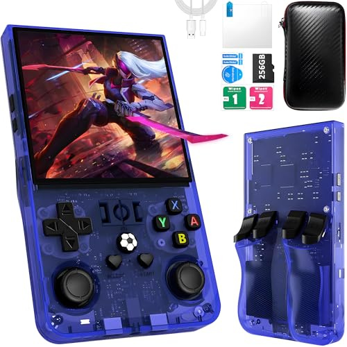 R36MAX Retro Handheld Game Console,Game Console with 256GB TF Card, 40000+ Classic Games,Game Console 4.0 IPS HD Screen 4000mAh Rechargeable Portable Video Console Pocket Arcade-Transparent Blue
