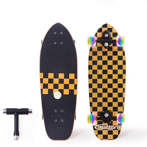 Nattork Complete Skateboards 29 x 8 Kids Boys Skateboard Cruiser Skateboards for Beginners Double Kick Deck Concave Girls Skateboard with Maple Wood (Golden Check)