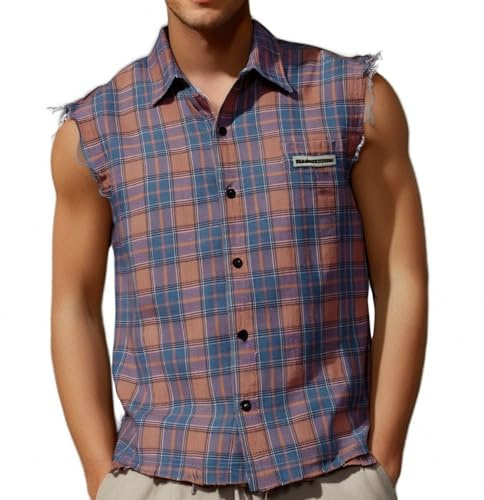 Foweknow Camisa a cuadros para hombre, sin mangas, camiseta de tirantes de verano, camiseta de tirantes con botones para leñador, camisa tradicional para hombre, camiseta de axila con botones, camisas