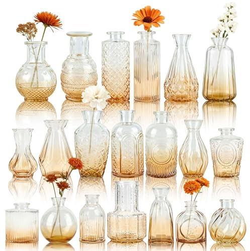 BTSD-home 20 Pack Amber Glass Bud Vases for Wedding Table Decorations | Mini Vases Bulk Multi Pack Set Assorted Shapes Set Great Value Bulk Wedding Table Centrepieces Reception Table Decor