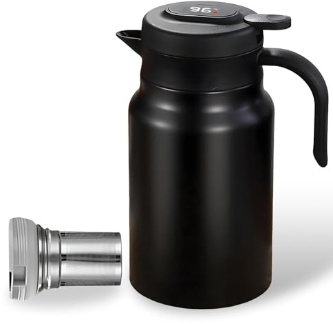 Termos med tesil, termos 1,5 l, termoskanna med temperaturdisplay, kaffekanna termos rostfritt stål 6–12 h värme, inget läckage, droppar för kaffe, te och mjölk (svart)
