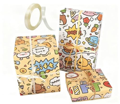 RTRTGS 6 Fogli Colorate Carta Regalo Ecologica in Carta Kraft con Motivi Misti, Elegante e Raffinata, per Matrimonio, Compleanno, Anniversario, Laurea 70 * 50cm