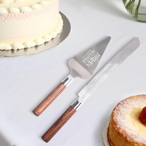 toyofmine Set per tagliare la torta per matrimonio, set di coltelli e posate per torta in legno, set di tagliapasta vintage da 2 pezzi