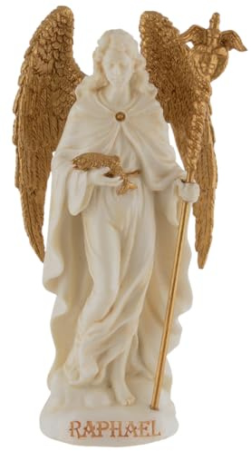 Arcángel Raphael 708-78553 - Figura de ángel de la curación en miniatura de piedra artificial pintada a mano con pintura dorada, colección Veronese