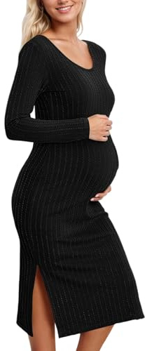 Vestido de maternidad con mangas largas y abertura lateral, tejido suelto, acanalado, ajustado para comodidad. Estilo para el invierno durante el embarazo, Negro , L