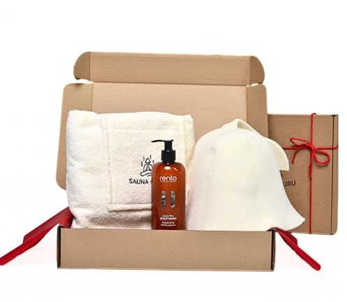 SAUNA GURU Coffret cadeau sauna pour femme - Chapeau de sauna et serviette de kilt de sauna en matériaux naturels avec gel douche nourrissant - Ensemble d'accessoires de sauna pour la détente, les