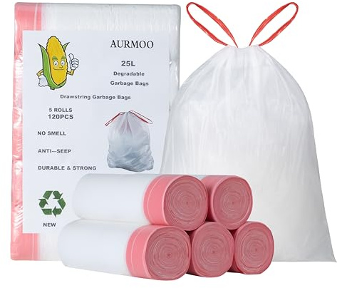 AURMOO Soppåse 120 x 25L med Dragband, Biologiskt Nedbrytbara Sopsäckar, | Droppsäker Soppåse, Sopsäckar med Dragsnöre, Müllbeutel, Bioavfallspåsar för Avfall Från Hem, Kökr, Kontor, 50 x 60cm