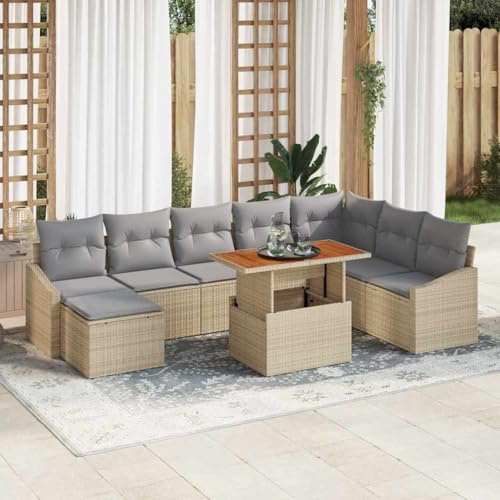 Frdhee Sofá de jardín sofá de terraza, grupo de comedor de jardín con cojín 9 piezas beige y gris, muebles de balcón para jardín de invierno, terraza, fácil de mantener