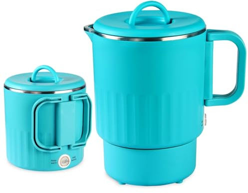 0.8L Small Portable Electric Kettle with Foldable Handle, 27 Ounce Travel Electric Kettle 304 Stainless Steel, Collapsible Hot Water Boiler for RV, Camping, Hotel, Office, Business Trip (Blue)