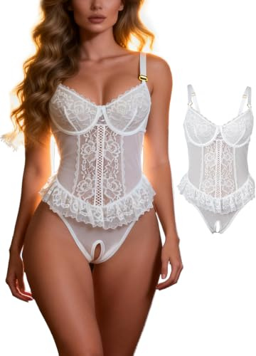 sunshinelady Women's Lace Bodysuit Plus Size Hollow Out Teddy Lingerie Top | Backless Sheer Sexy Nightwear, One Piece Bodysuit for Date Night, Adjustable Straps, Clubwear, Halloween, UK Size 10-18