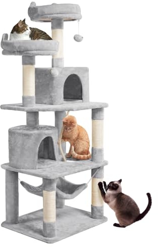 Yaheetech Albero Tiragraffi per Gatti Adulti Grandi Medi con Giocattolo Gioco Palle in Corda Sisal Naturale 61 x 49 x 158 cm Grigio Chiaro