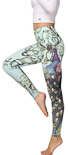 HAPYWER Yoga Leggings Damen High Waist Gym Sport Leggings Tummy Control Yoga Hosen Running Workout Kompressionsstrumpfhose Stretch Trainingshose mit Aufdruck-Pfauengrün-L