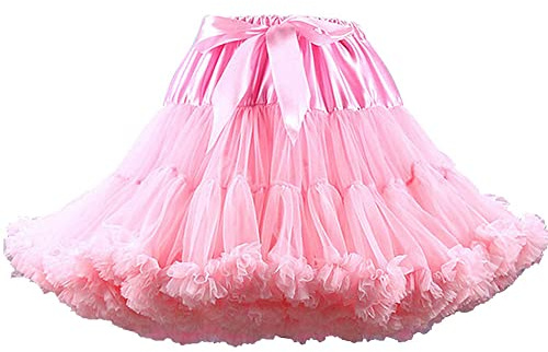 PhilaeEC Women's Elastic Waist Chiffon Petticoat Puffy Tutu Tulle Skirt Multi-Layer Cosplay Fluffy Skirt Underskirt, Length 40cm, Waist 55-95cm (Pink)