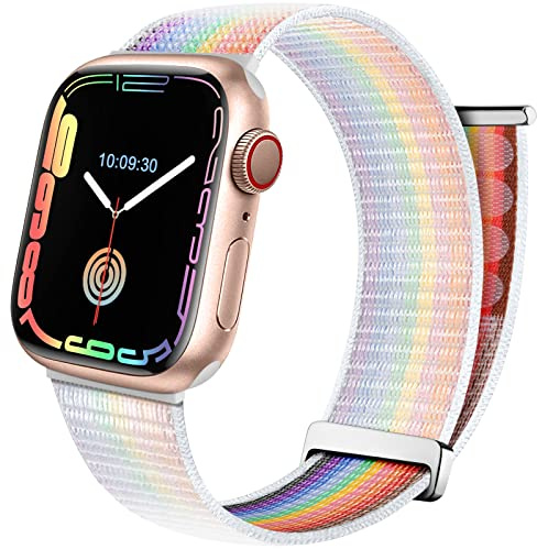 Mastten Sport Pride Band Kompatibel mit Apple Watch Armband 42mm 41mm 40mm 38mm, Weiches Nylon-Armband mit Klettverschluss für iWatch 11 10 9 8 7 6 5 4 3 2 1, iWatch Band SE 3 2 1, Weißer Regenbogen