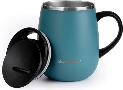 GRANDTIES Insulated Coffee Mug with Handle- Sliding Lid for Splash-Proof 16 oz Wine-Glass Shape Thermal Tumbler with Double Walled Vacuum Stainless Steel to Keeps Beverages Hot or Cold-Atlantis Blue