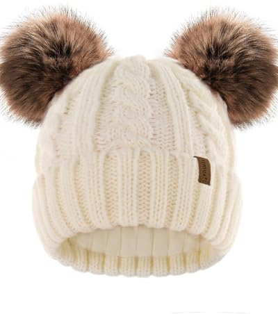 FURTALK Toddler Warm Winter Hat Kids Baby Knitted Soft Beanie with Double Faux Fur Pom Poms for Girls Boys Beige,2-6 Years