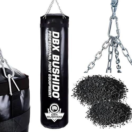 DBX BUSHIDO SPORT Sacco da boxe riempito con granuli di gomma 130 cm – sacco da 60 kg – allenamento boxe e kickboxing – punching bag (nero con granuli)