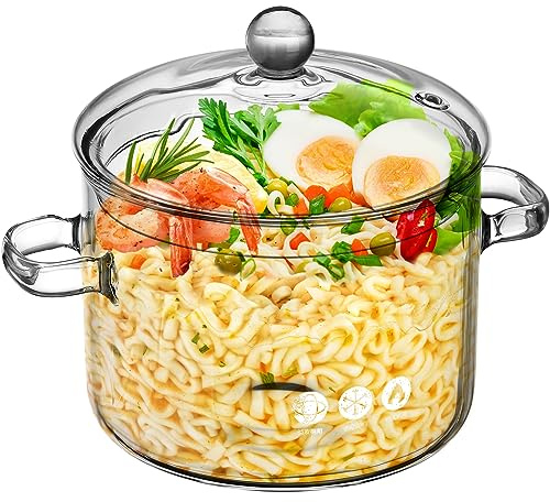 GANAZONO Pentola Pasta in Borosilicato, Pentole Piccola Trasparente con Coperchio e Doppio Maniglia, 1,9 litri Pot per Cucinare, per Fornelli a Gas e Induzione