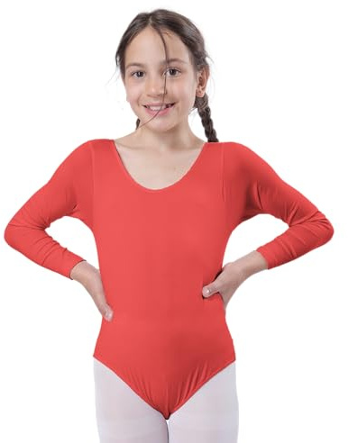 Carnavalife Body per ragazze per danza, balletto, a maniche lunghe, con scollo tondo, body da danza per ragazze, per ballerina, ginnastica, Colore: rosso, 2 anni