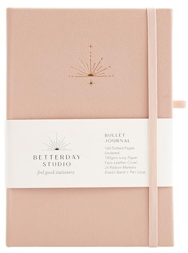 Betterday Studio - Undated Bullet Journal - 160 Dotted Pages with Faux Leather Cover, 2x Ribbon Markers for Bookmarking, Journal with Pen Loop, Journal Notebook for Scribbling - Blush